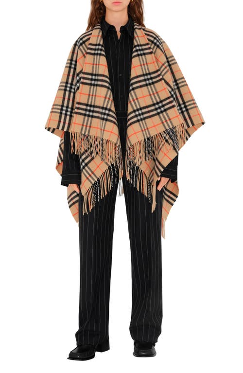 Burberry Charlotte Cape With Plaid Pattern And Fringe In Sand