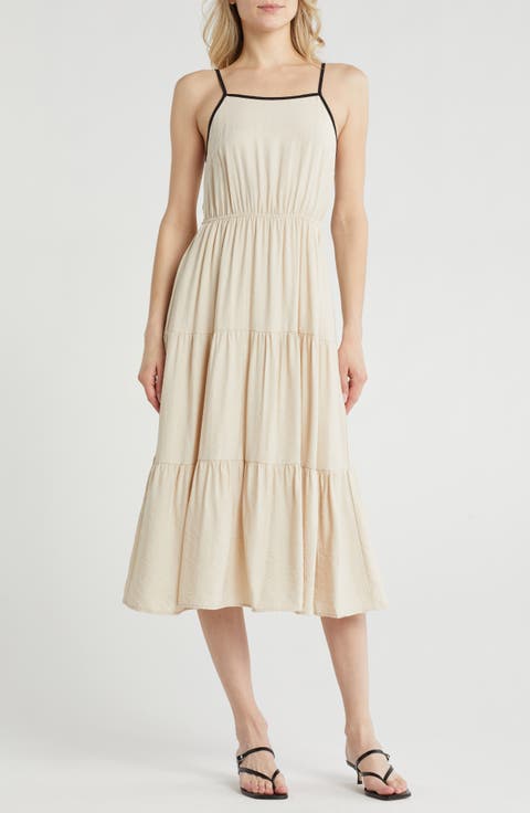 Contrast Trim Tie Back Tiered Midi Dress