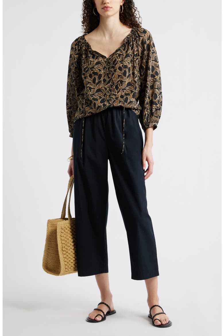 Ruffle Neck Tie Front Top, Alternate, color, BLACK- TAN LEAF GLOBAL