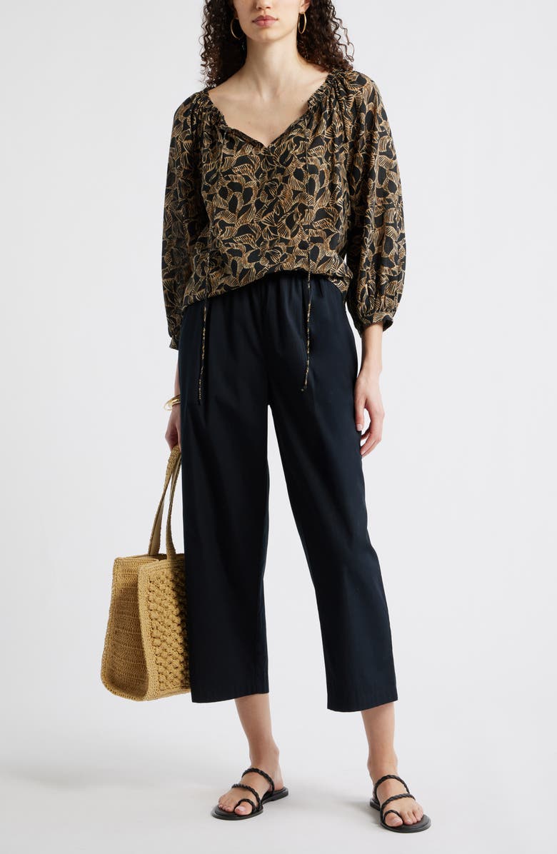 Nordstrom Ruffle Neck Tie Front Top, Alternate, color, Black- Tan Leaf Global