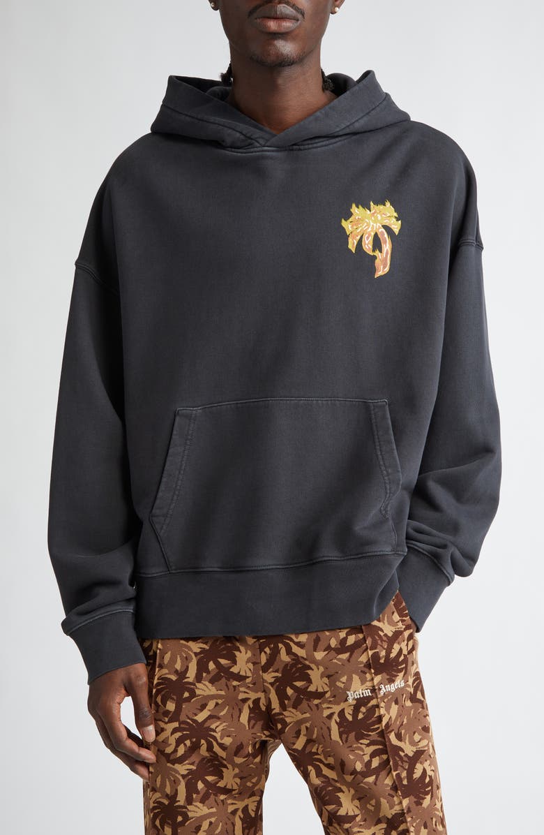 Palm Angels Burning Palm Cotton Graphic Hoodie, Main, color, 