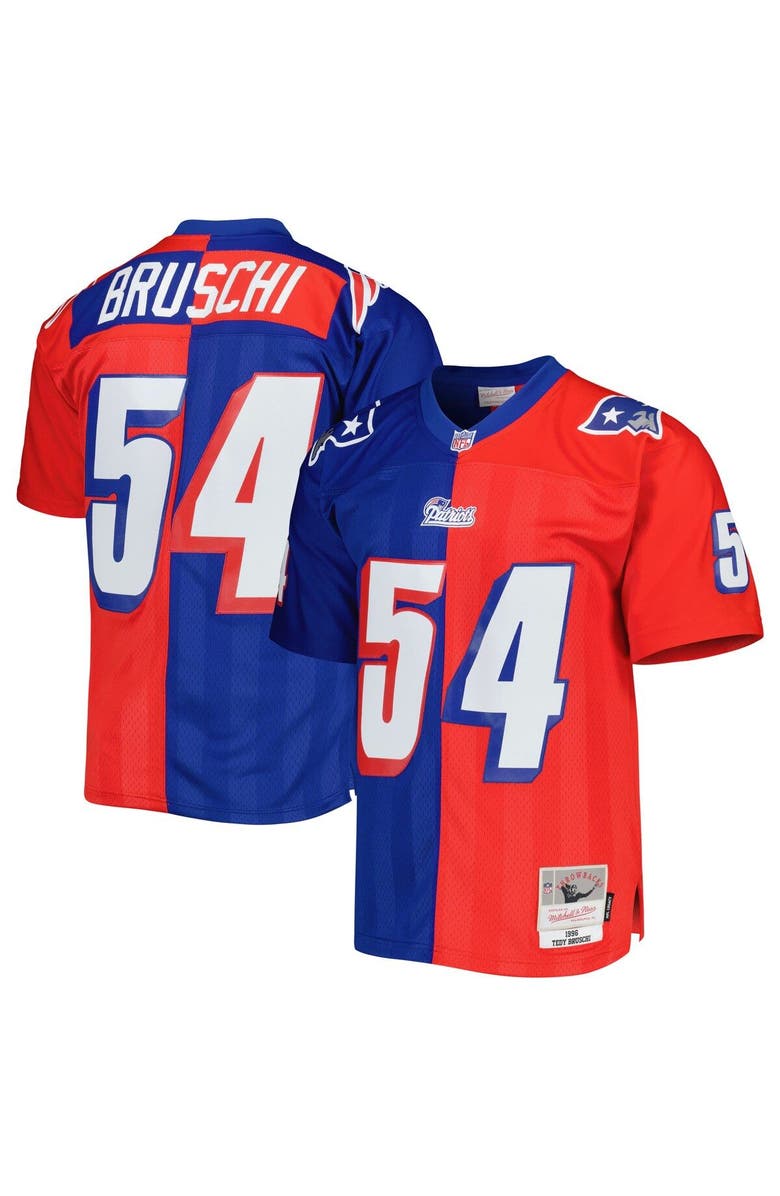Mitchell & Ness Men's Mitchell & Ness Tedy Bruschi Royal/Red New England Patriots 1996 Split Legacy Replica Jersey, Main, color, 
