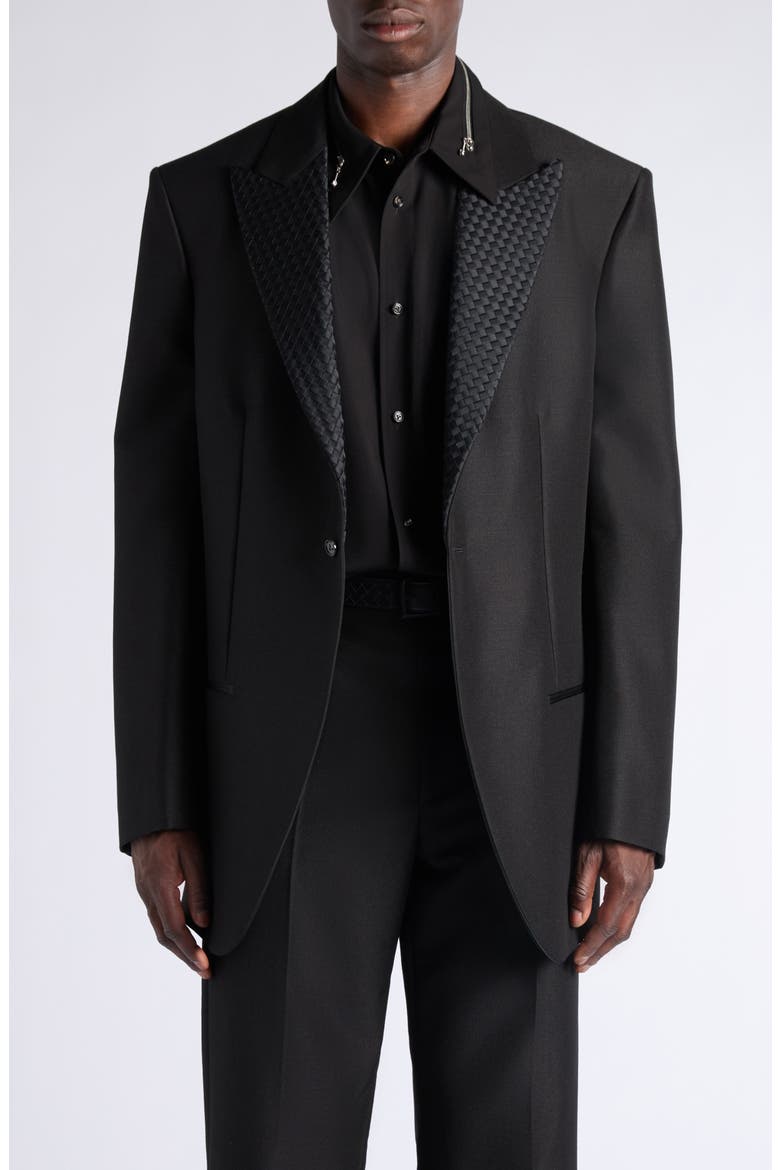 Black Mohair & Wool Intrecciato Peak Lapel Suit Jacket, Main, color, 1010 DOUBLE BLACK