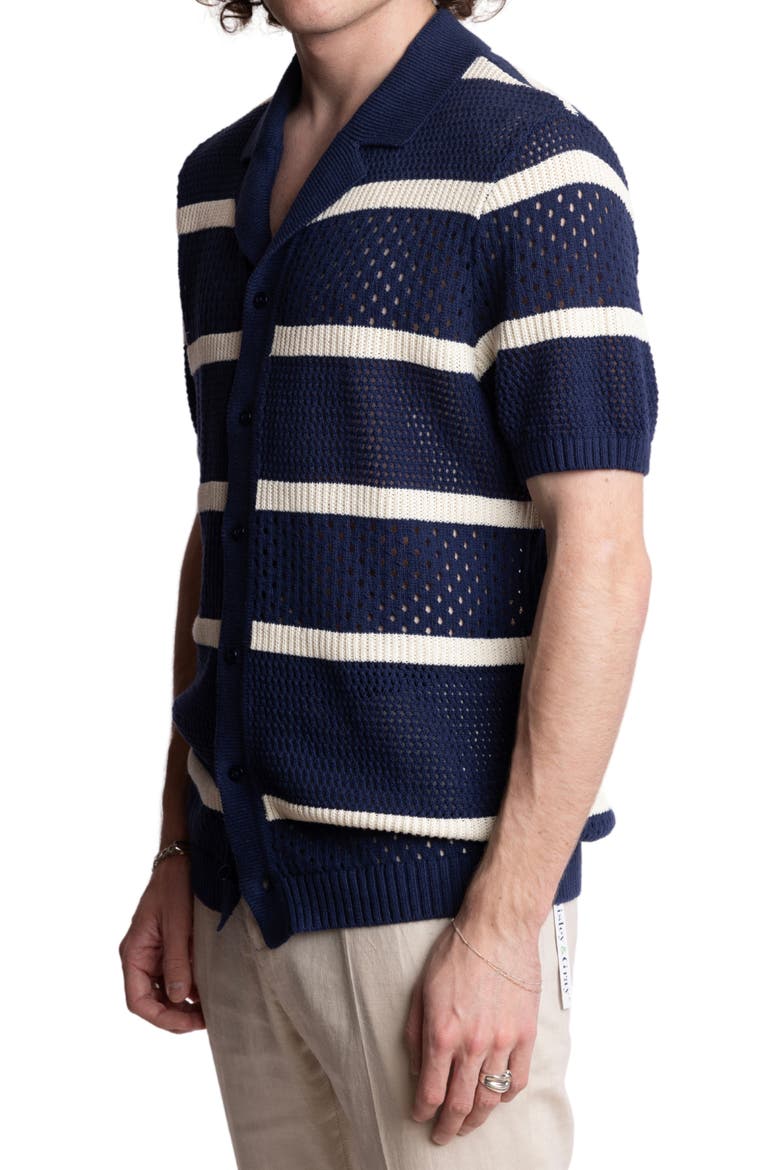 Open Stitch Short Sleeve Button-Up Shirt, Alternate, color, NAVY & CREAM
