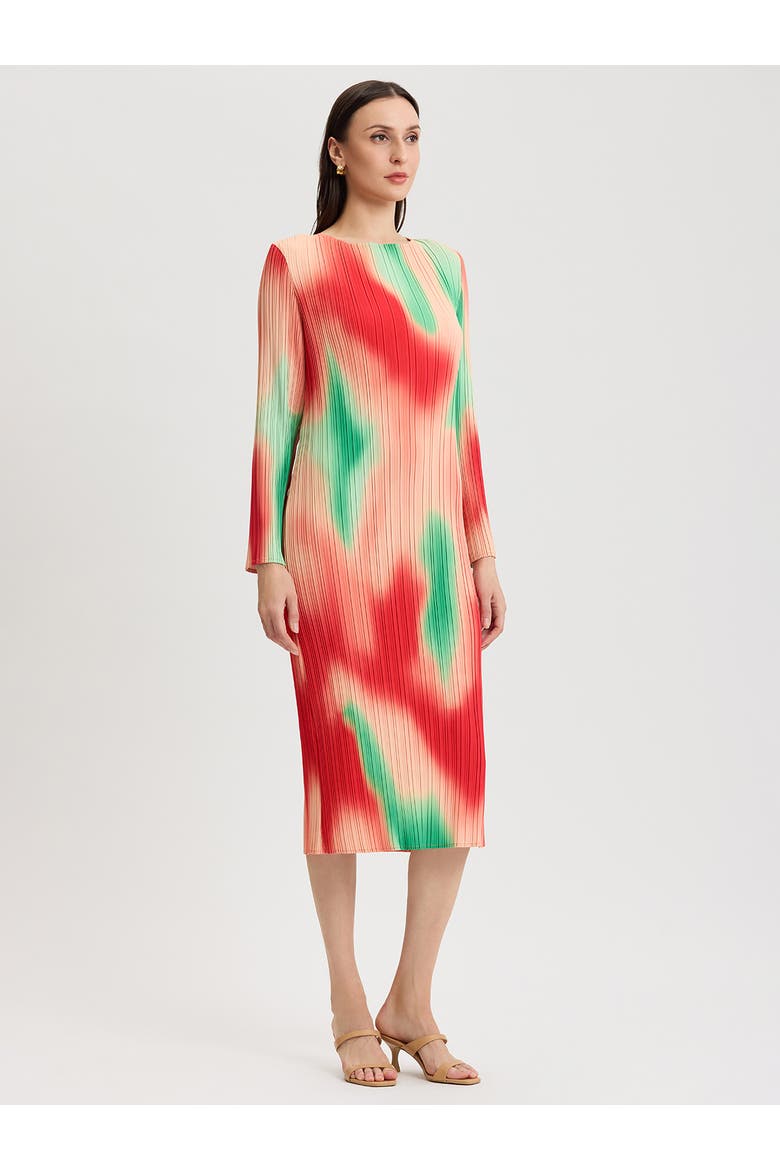 Micro Pleated Print Crepe Midi Dress, Alternate, color, Cherry Ember/Peach/Green