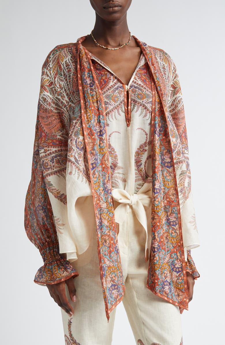 Zimmermann Rhiannon Paisley Tie Neck Top, Main, color, Cream Paisley
