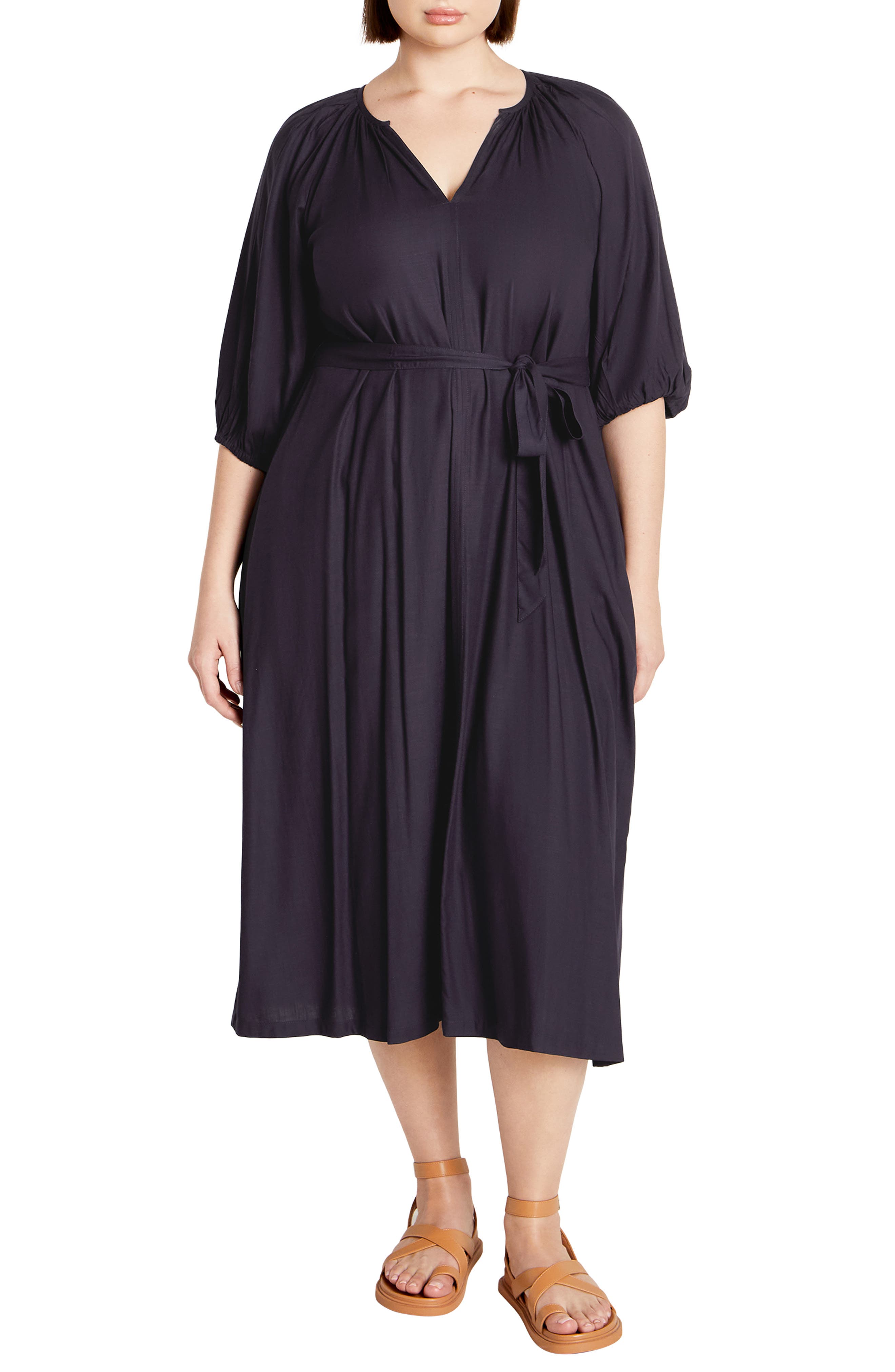 City Chic Davina Puff Sleeve Tie Waist Midi Dress