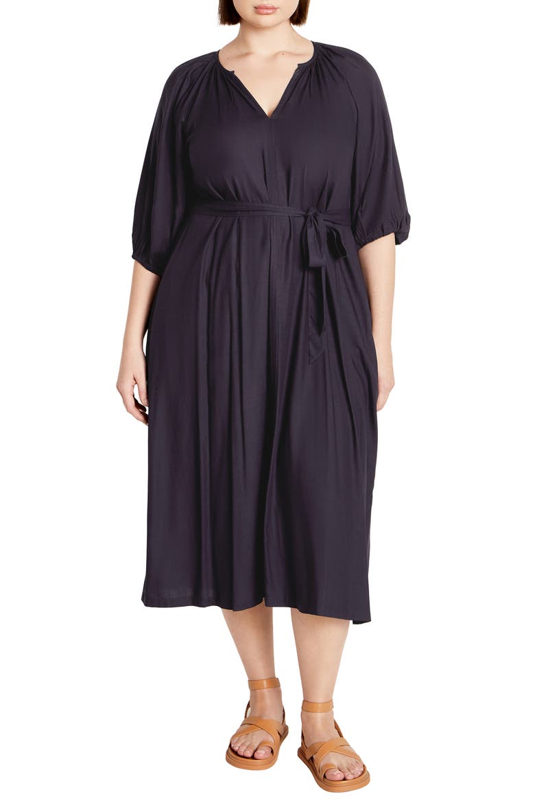 Davina Puff Sleeve Tie Waist Midi Dress, Main, color, NAVY