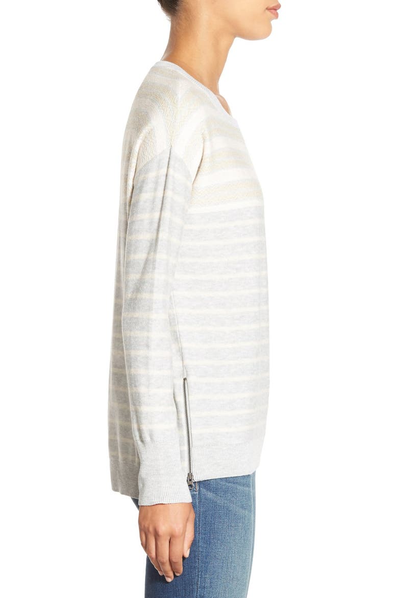 Side Zip Stripe Crewneck Sweater, Alternate, color, HEATHER GREY- OATMEAL PATTERN