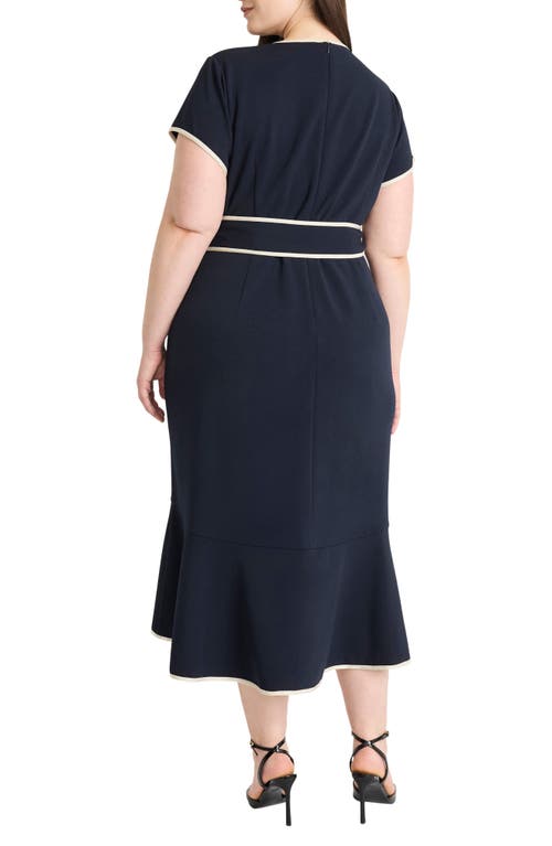 Maggy London Plus Size Contrast-trim Tie-waist Midi Dress In Twilight Navy