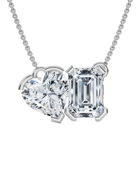 2Ct Toi Et Moi Heart Emerald Diamond Pendant 14k Gold 18" Necklace Lab Grown