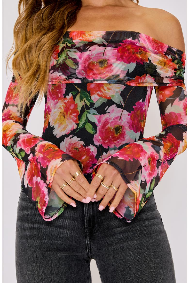 Nikki Floral Print Off the Shoulder Mesh Top, Alternate, color, BLACK FLORAL