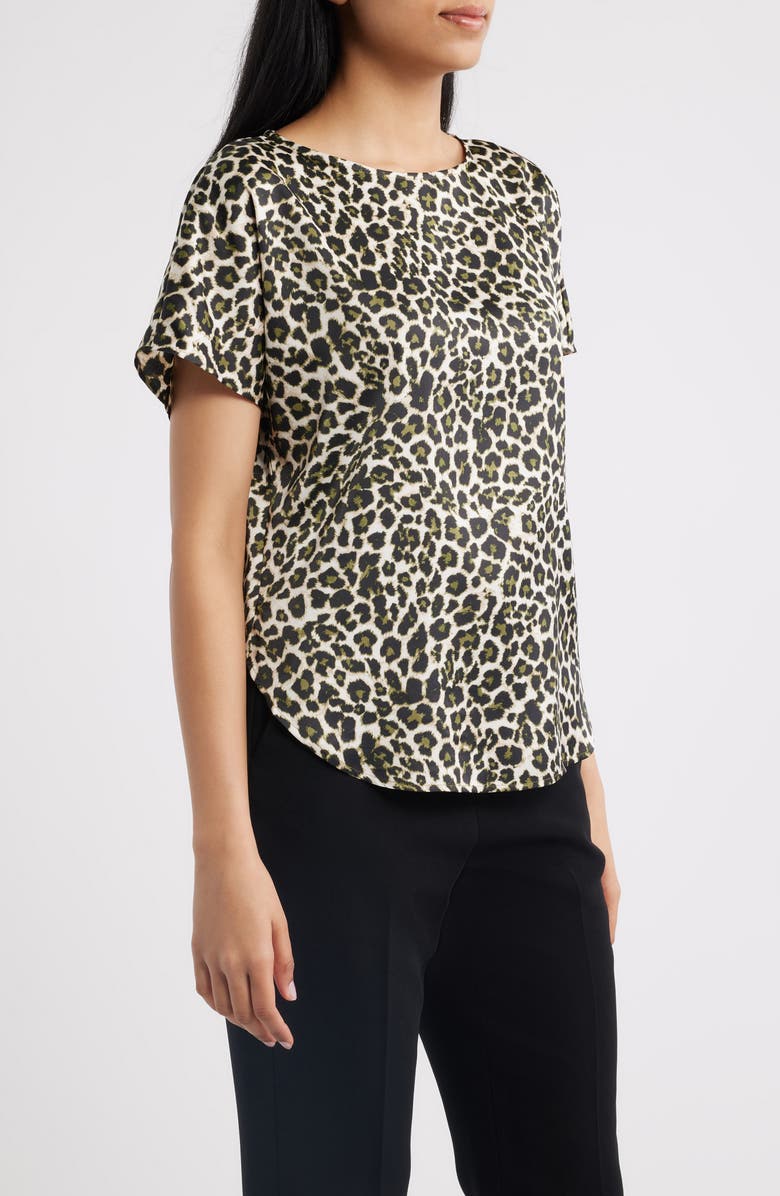 Anne Klein Leopard Print Short Sleeve Top, Alternate, color, Bay Leaf Multi