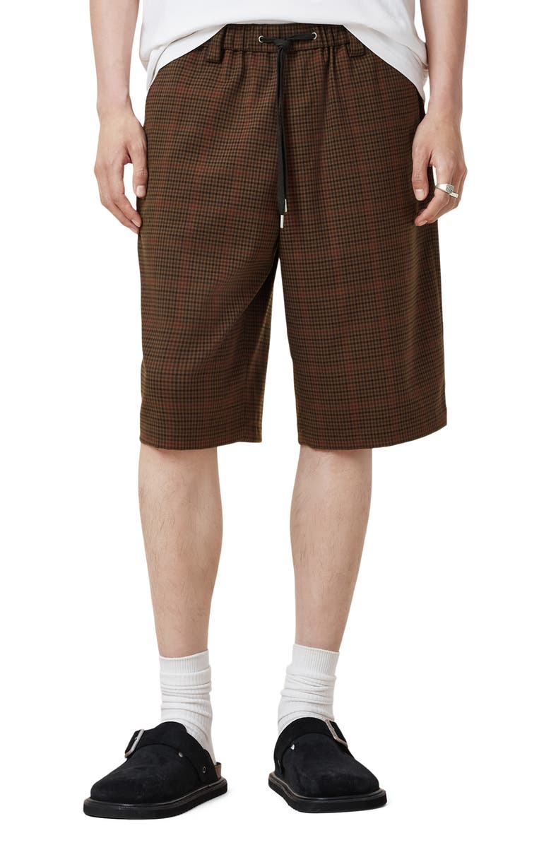 AllSaints Newell Check Elastic Waist Long Shorts, Main, color, Coin Brown