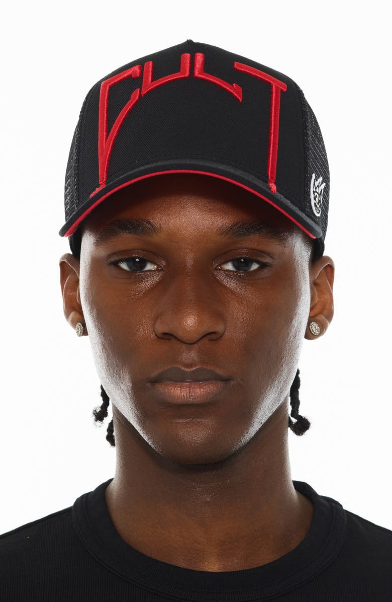 Cult of Individuality Logo Mesh Back Trucker Hat, Main, color, Black