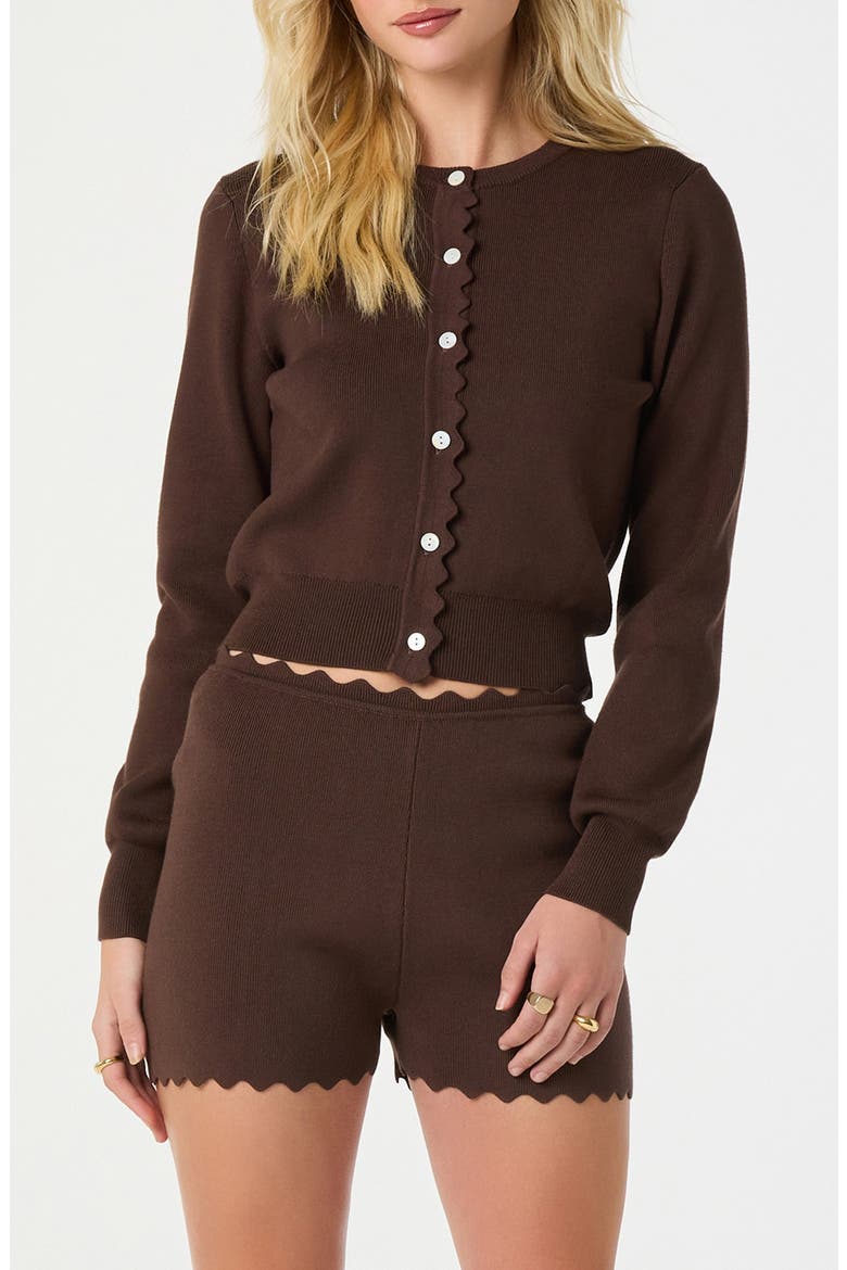 Scalloped Placket Crop Cardigan, Main, color, BROWN