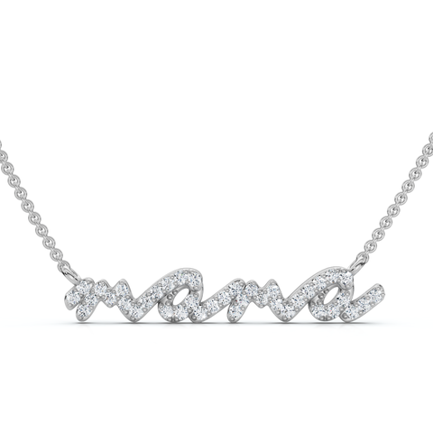 Diamond Script Mama Pendant Gold Necklace 1 1/2" Wide Lab Grown