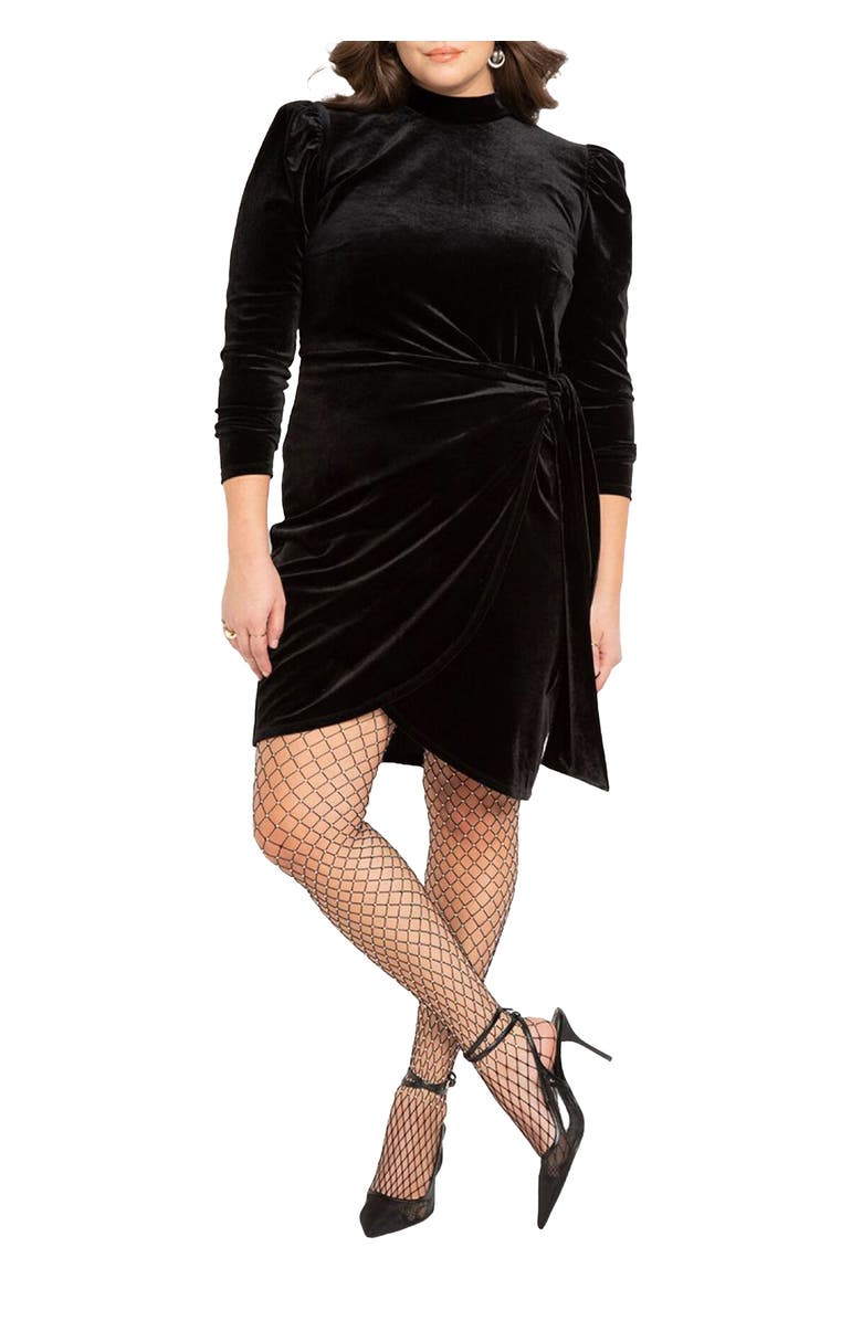 ELOQUII Velvet Mini Dress with Wrap Skirt, Main, color, Totally Black