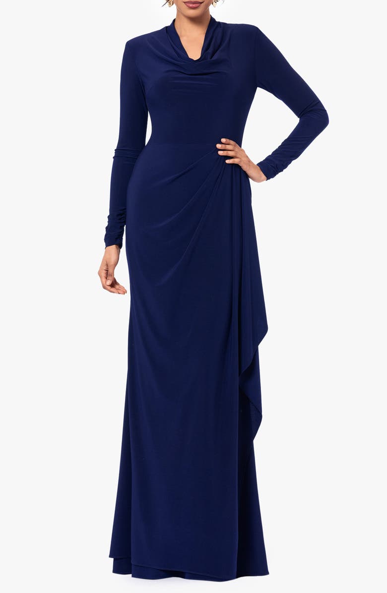 Betsy & Adam Cowl Neck Long Sleeve Sheath Gown, Main, color, 
