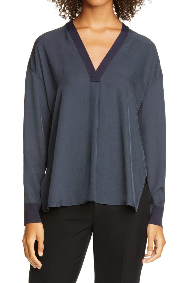 V-Neck Long Sleeve Rib Trim Top, Main, color, COASTAL