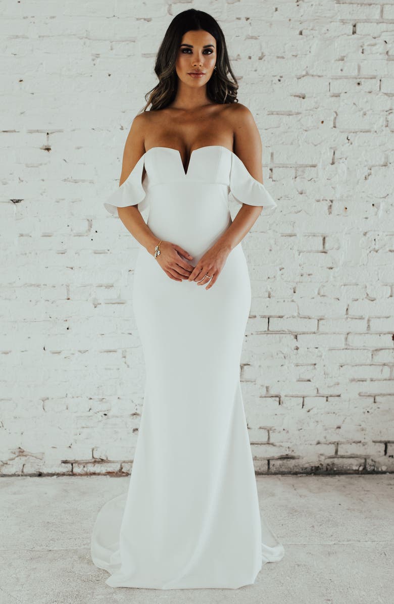 Noel and Jean by Katie May Nautilus Ruffled Off the Shoulder Crepe Mermaid Gown, Alternate, color,