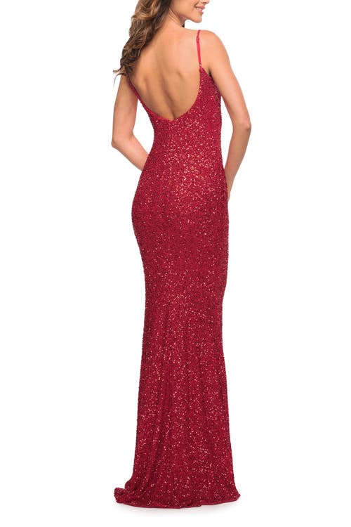 La Femme Lovely Long Soft Sequin Dress With Scoop Neck In Red