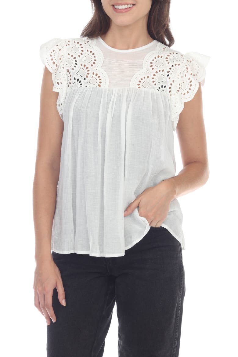 Eyelet Cap Sleeve Top, Main, color, WHITE