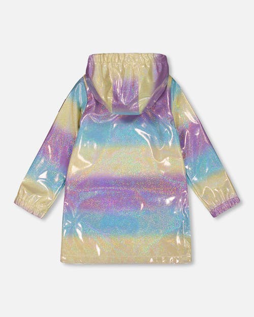 DEUX PAR DEUX DEUX PAR DEUX LITTLE GIRL'S PRINTED RAIN COAT WITH HAT MAUVE BLUE AND YELLOW GLITTER GRADIENT