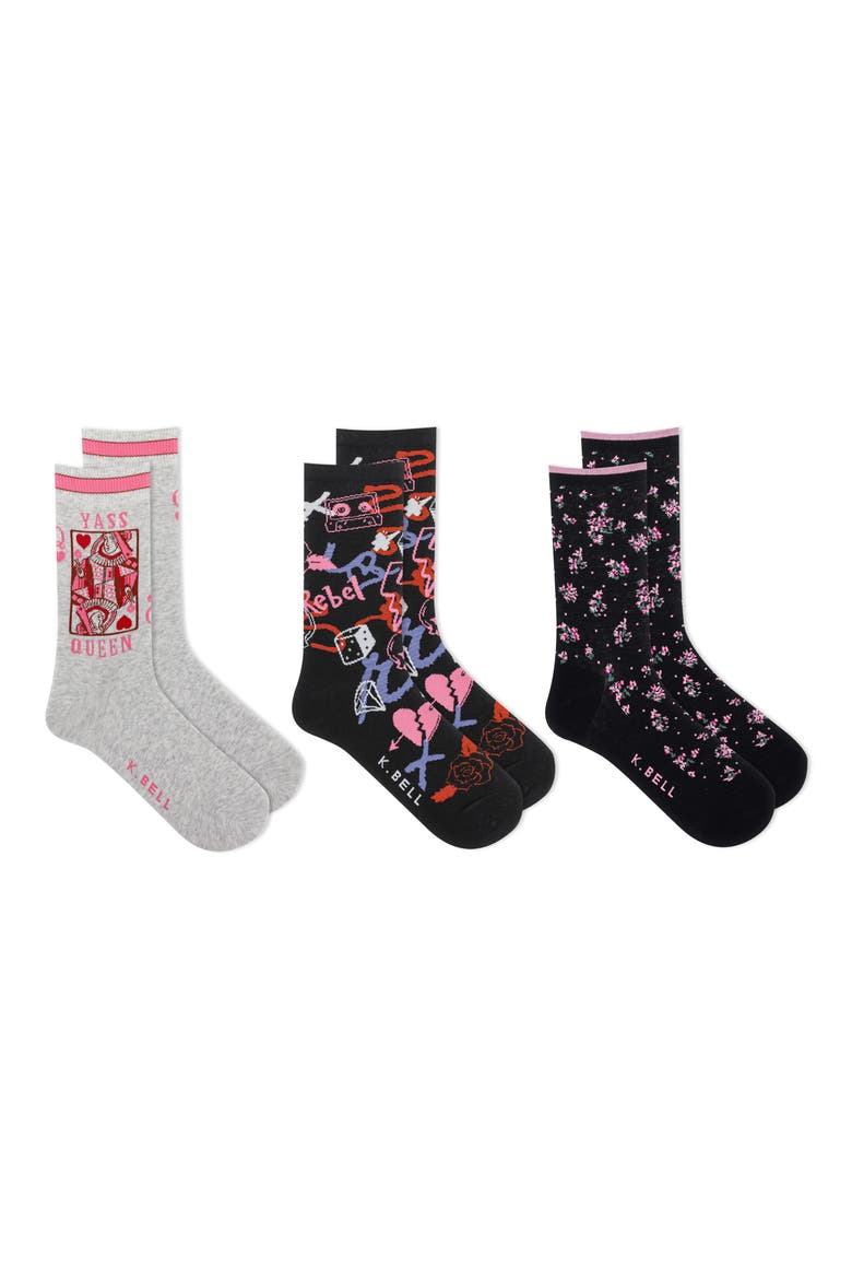 3-Pack Rebel Queen Assorted Crew Socks, Main, color, BAST