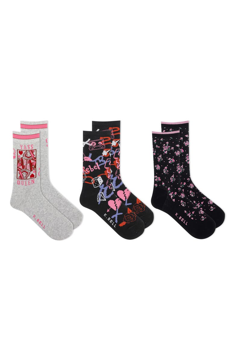 K Bell Socks 3-Pack Rebel Queen Assorted Crew Socks, Main, color, Bast