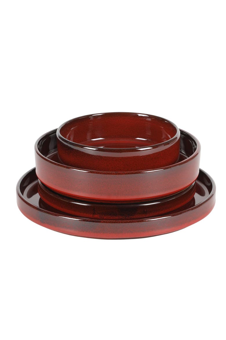 Santorini Mist 16 Piece Terracotta Reactive Glaze Plates and Bowls Dinnerware Set, Alternate, color, Garnet Red