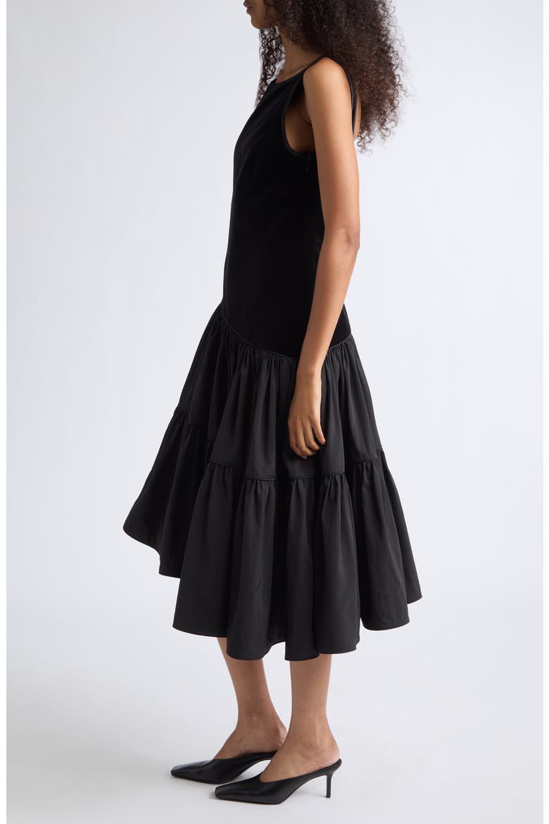 Dean Velvet & Silk Blend Taffeta Asymmetric Midi Dress, Alternate, color, BLACK