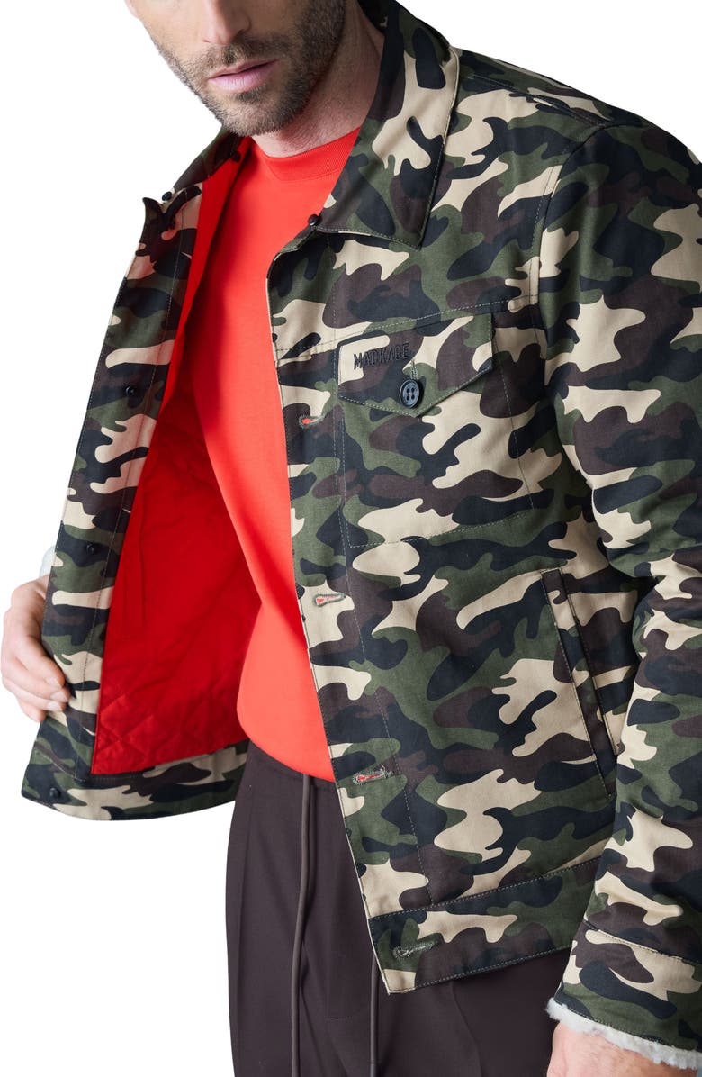 Mackage Nash Camo Cotton Trucker Jacket with Removable Genuine Shearling Collar, Alternate, color, Camouflage Print