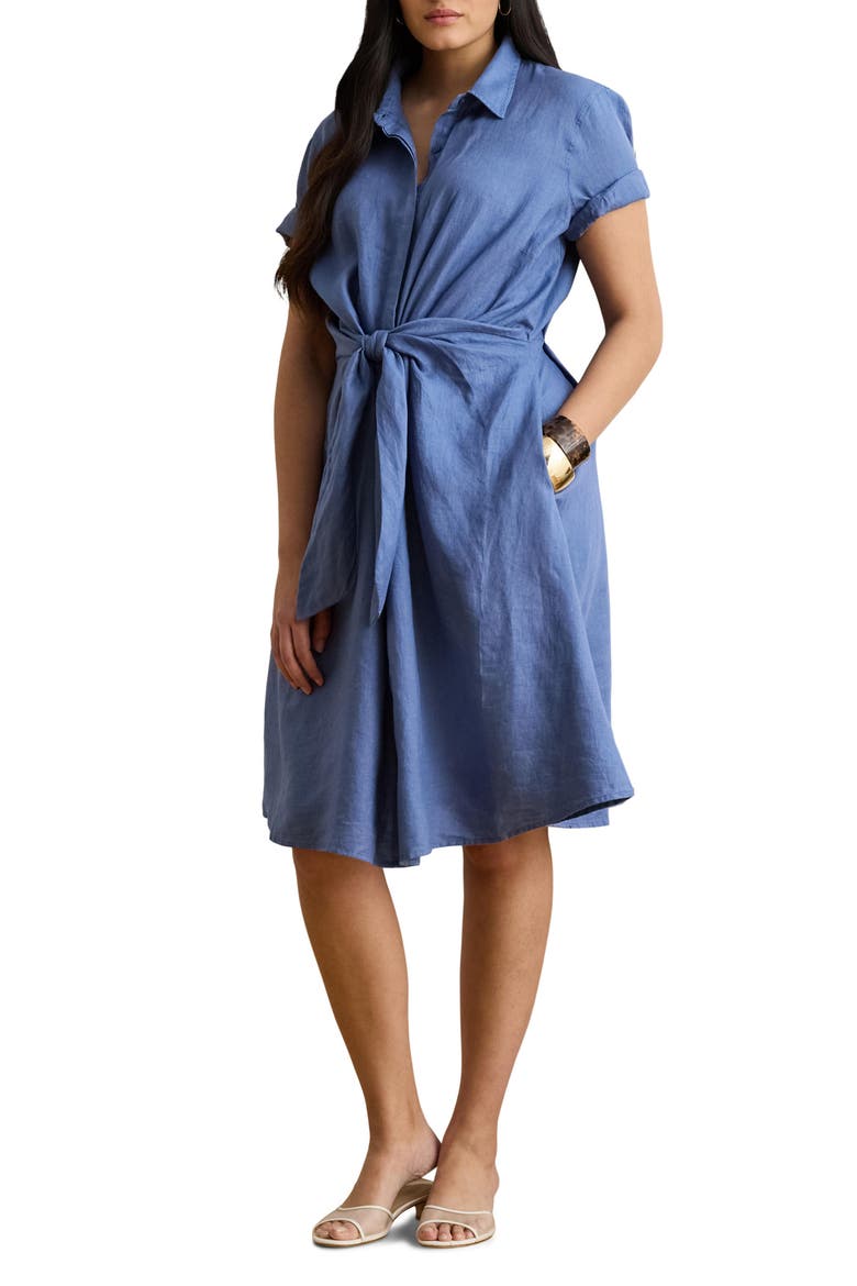 Tie Waist Linen Shirtdress, Main, color, CARSON BLUE