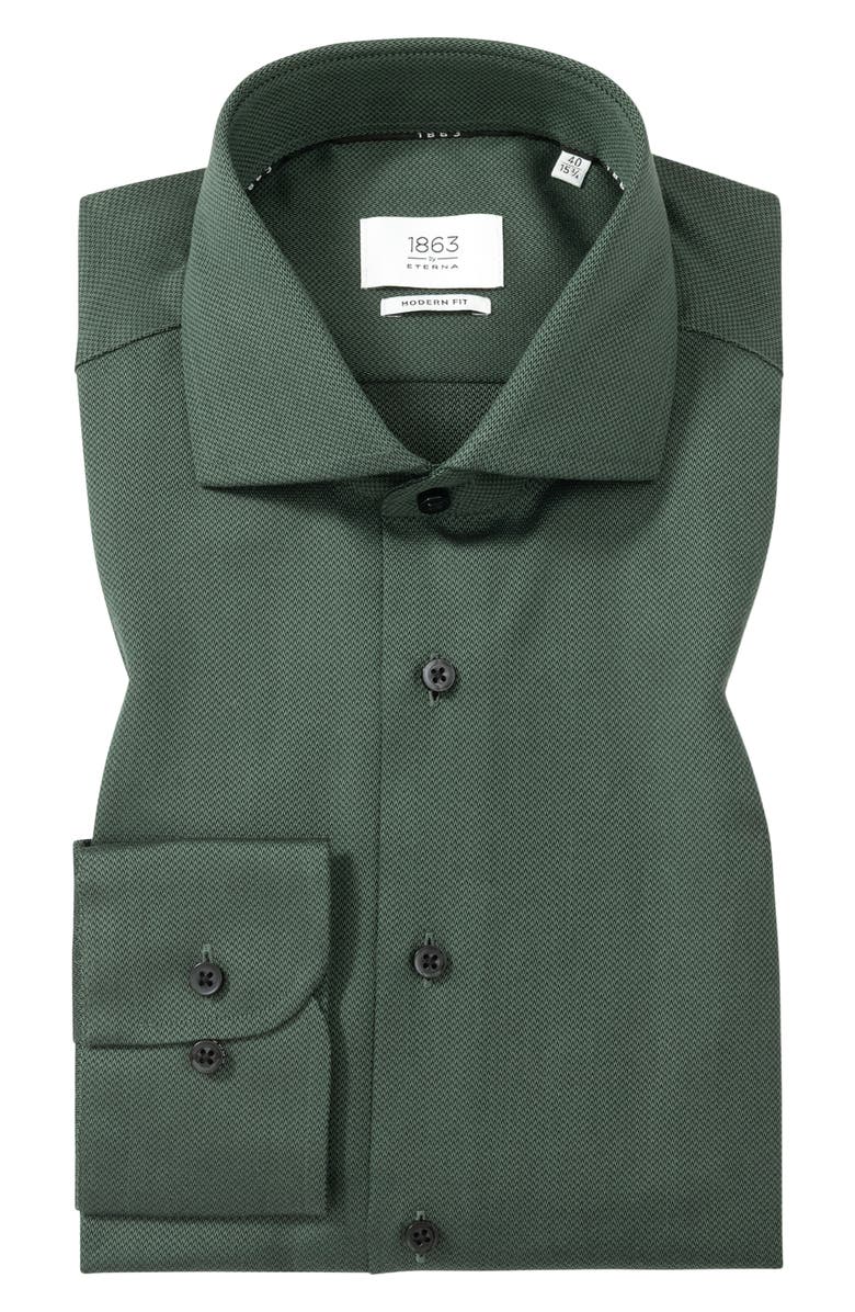 1863 by Eterna Modern Fit Solid Non-Iron Cotton Dobby Dress Shirt, Alternate, color, Dark Green