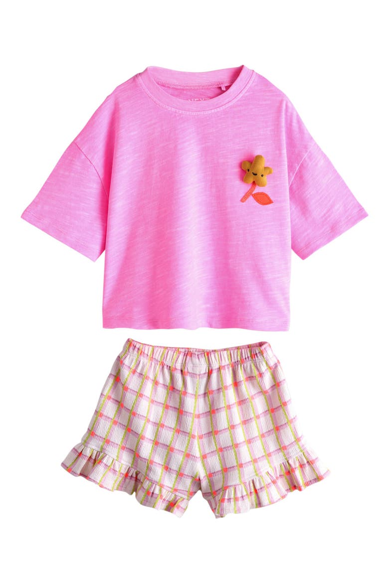 Kids' Plush Flower Appliqué T-Shirt & Check Shorts Set, Main, color, PINK