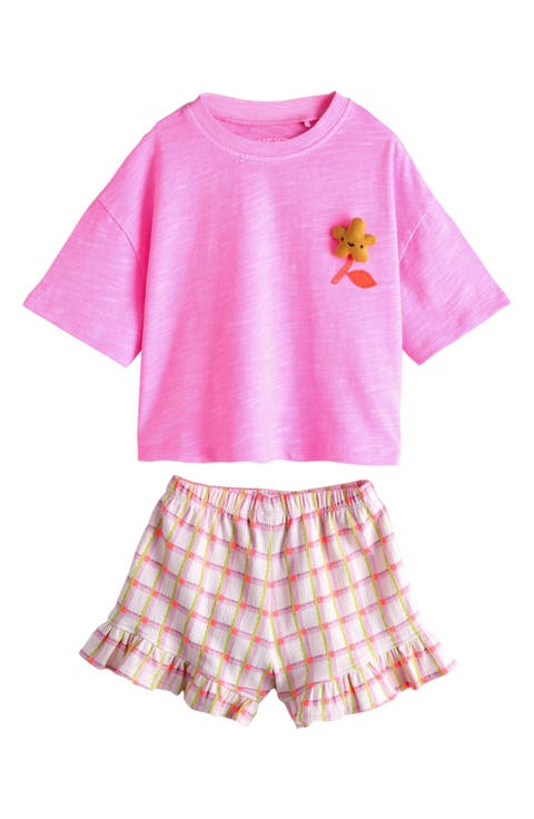 Kids' Plush Flower Appliqué T-Shirt & Check Shorts Set (Baby, Toddler & Little Kid)