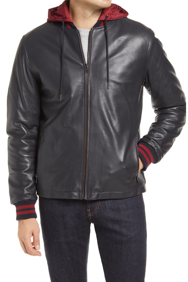 Hooded Leather Jacket, Alternate, color, BLACK