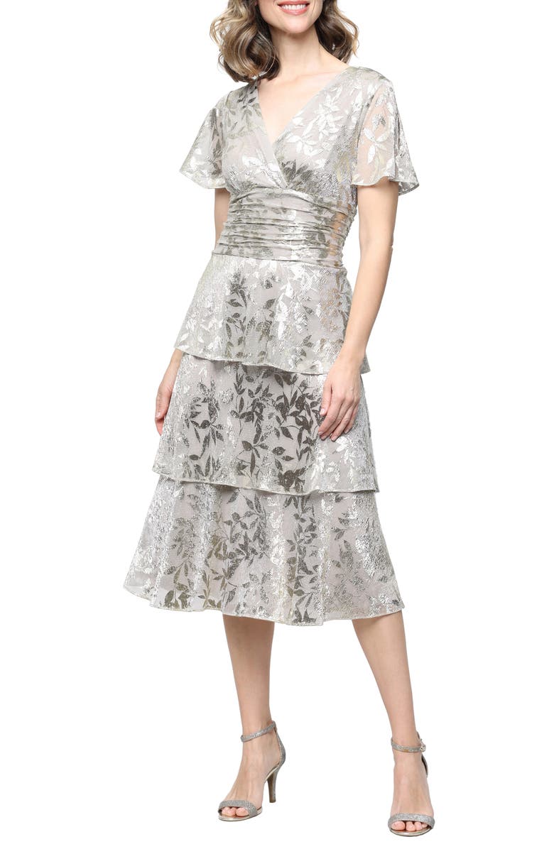 SL FASHIONS Metallic Layered Ruffle Cocktail Dress, Main, color, Buff Metallic