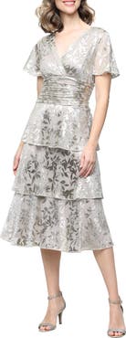 SL FASHIONS Metallic Layered Ruffle Cocktail Dress