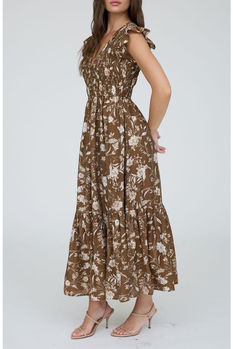 Floral Cap Sleeve Smocked Fit & Flare Midi Dress, Alternate, color, BROWN