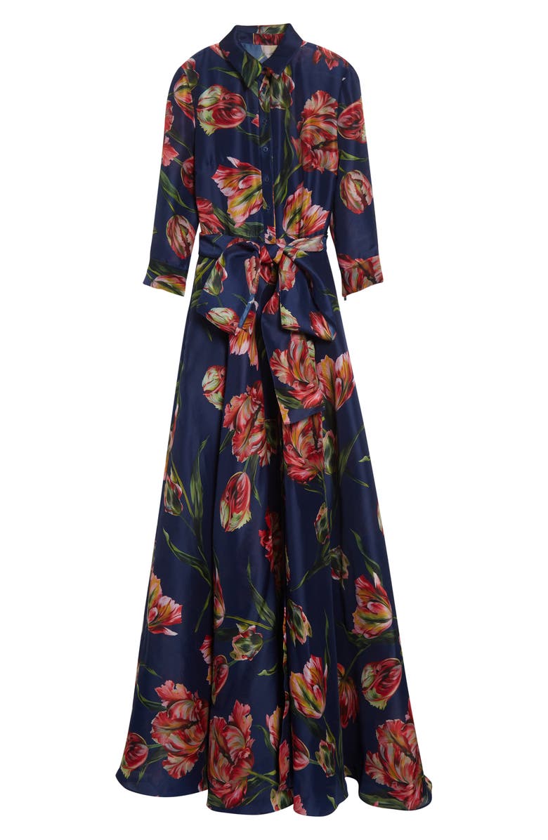 Carolina Herrera Tulip Print Silk Gazar Trench Gown, Alternate, color, Dark Navy Multi