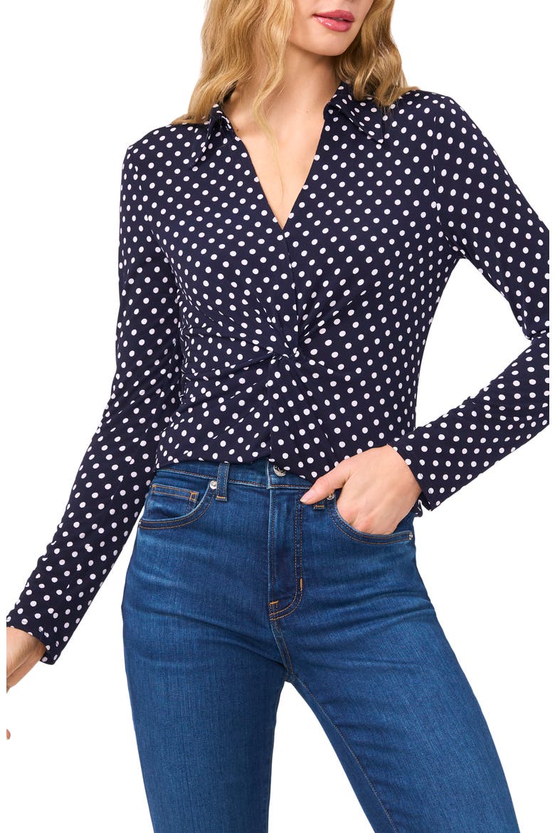 Polka Dot Long Sleeve Twist Front Top, Main, color, CLASSIC NAVY
