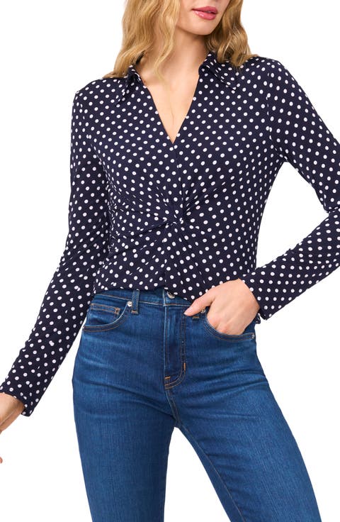 Polka Dot Long Sleeve Twist Front Top