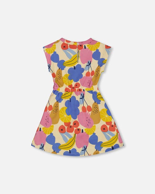 Deux Par Deux Little Girl's Printed French Terry Dress Fruits On Yellow Background In Fruits On Yellow Background