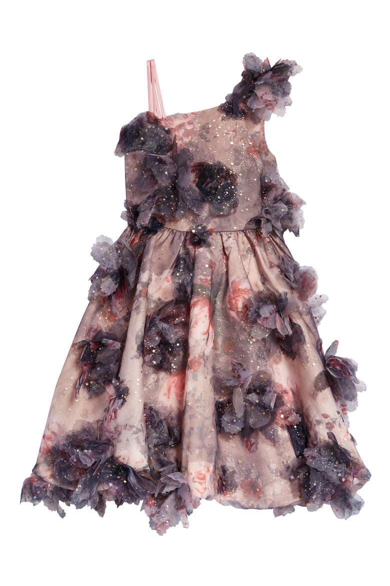 Kids' Floral Metallic Bubble Skirt Party Dress, Main, color, MAUVE