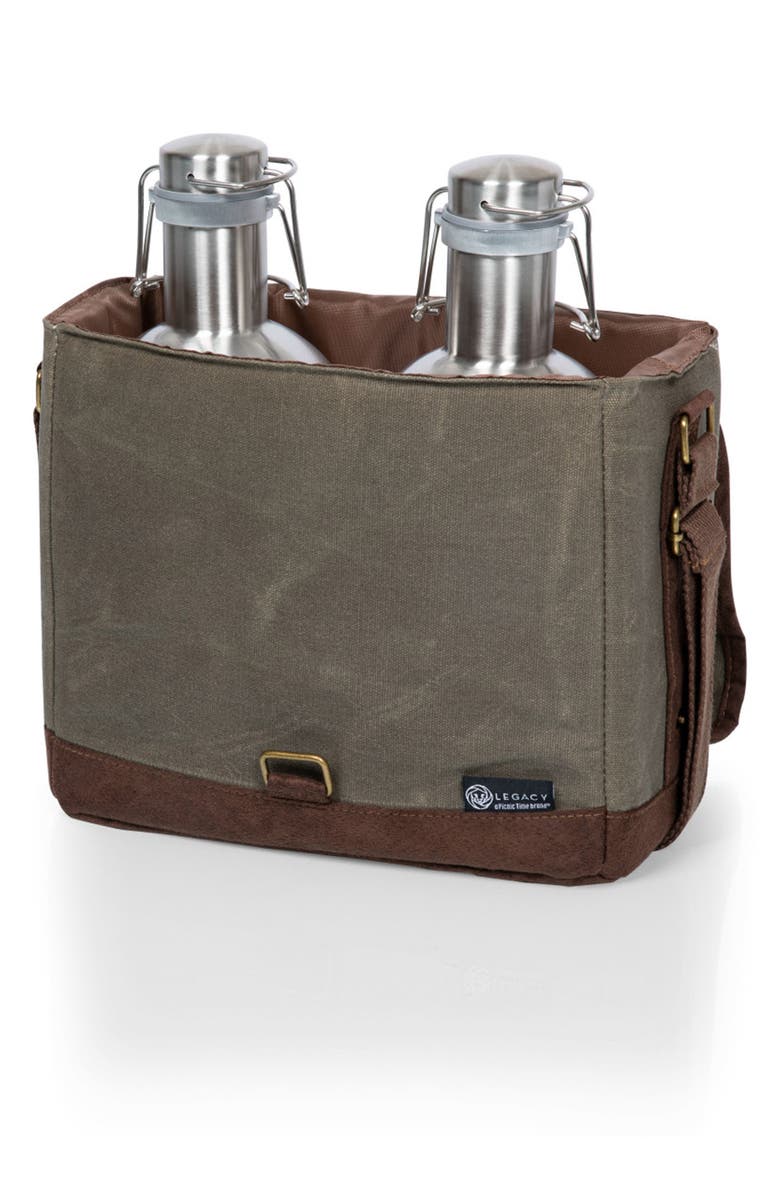 Picnic Time Insulated Double Growler Tote with 64 oz. Stainless Steel Growlers - Khaki Green, Alternate, color, 