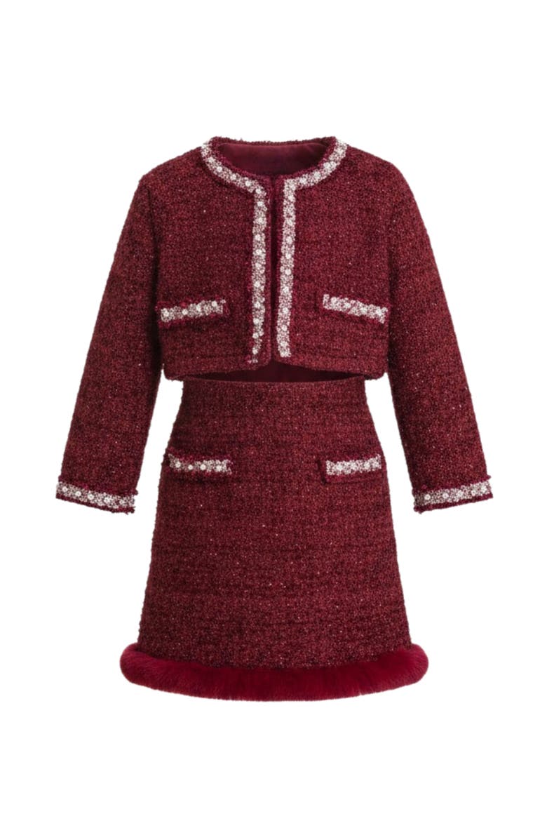Holiday Cute Festive Jacket and Skirt Set, Main, color, Burgundy