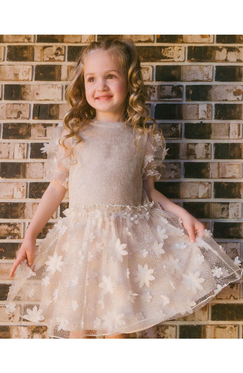 Deux par Deux Girl's Elbow Sleeve Dress With Tulle Skirt Glittering Beige, Alternate, color,
