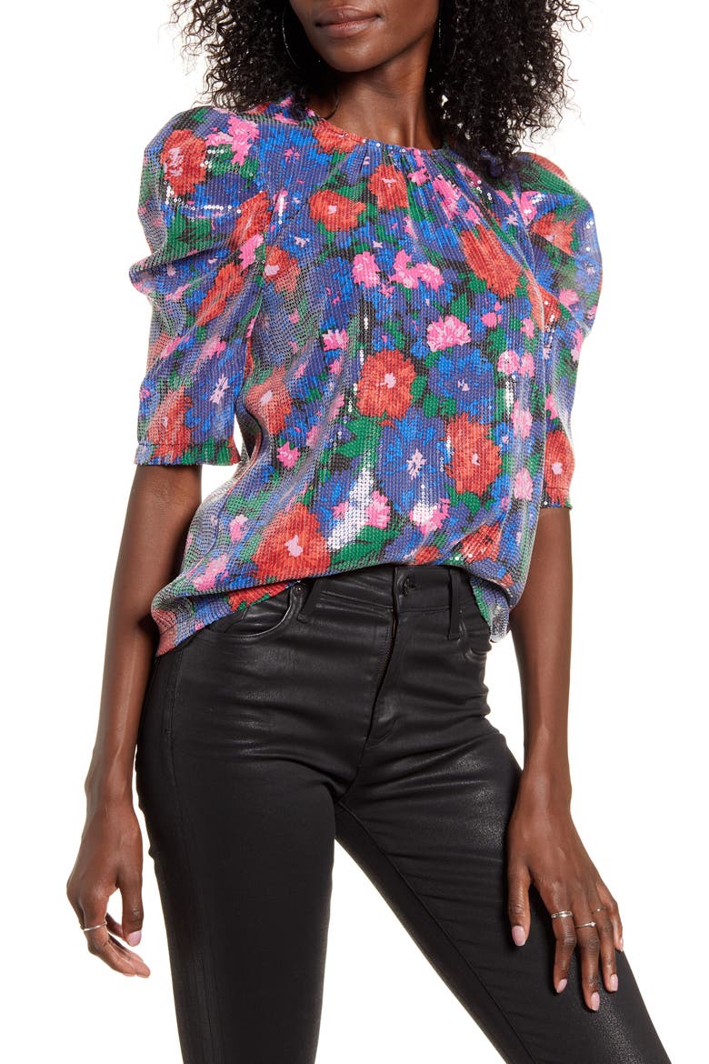 Greyson Sequin Puff Sleeve Top, Main, color, BLUE FLORAL SEQUINS